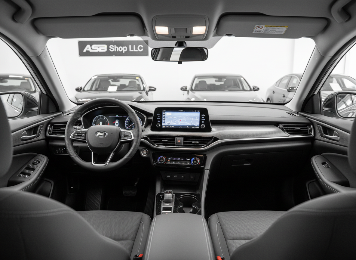 Interior de un auto sedán de gama media en perfecto estado, tapicería gris grafito con costuras claras, tablero digital encendido mostrando interfaz moderna, volante forrado en cuero negro y consola central brillante sin huellas. El auto está estacionado en un showroom de ASB Shop LLC en Miami; a través del parabrisas se distinguen, levemente desenfocados, otros vehículos iluminados y un letrero de la empresa en la pared. Luz blanca de sala de exhibición, uniforme y suave, sin sombras duras, creando un ambiente limpio y profesional. Toma fotográfica desde el asiento trasero, capturando todo el tablero en gran angular, transmitiendo sensación de calidad, orden y mantenimiento impecable, sin ninguna persona presente.