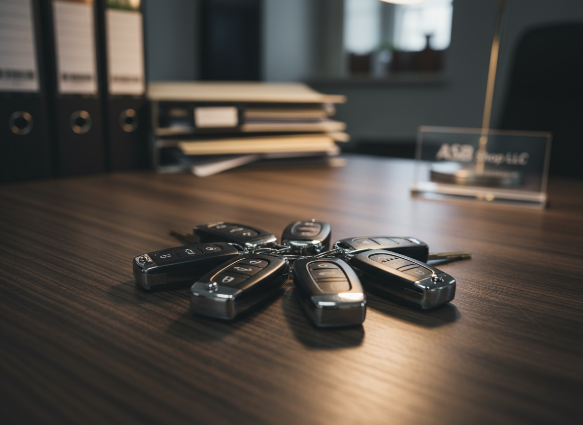 Un grupo de llaves de autos modernas con controles remotos negros y detalles cromados, cuidadosamente dispuestas sobre un escritorio de madera oscura con vetas visibles en la oficina de ASB Shop LLC. Detrás, desenfocados, se distinguen carpetas organizadas y un pequeño letrero acrílico con el nombre de la empresa. Luz cálida de oficina proveniente de una lámpara superior, creando reflejos discretos sobre el metal de las llaves y sombras suaves que añaden profundidad. Composición fotográfica minimalista, tomada desde un ángulo ligeramente elevado, centrando la atención en las llaves como símbolo de entrega y confianza en la compra de un vehículo, con un estilo limpio, moderno y totalmente libre de presencia humana.