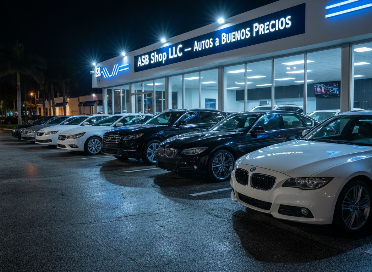 Una escena nocturna de la fachada de ASB Shop LLC en Miami, con varios autos usados en excelente estado estacionados al frente, sus carrocerías reflejando las luces blancas y azules de rótulos luminosos modernos. El letrero principal “ASB Shop LLC – Autos a Buenos Precios” brilla sobre la entrada de cristal. La iluminación artificial es clara pero elegante, creando destellos sobre los parabrisas y suaves sombras en el pavimento húmedo que refleja los colores. Fotografía realista con ángulo ligeramente bajo, enfatizando la presencia sólida del negocio y su inventario. La atmósfera transmite confianza, seguridad y profesionalismo, sin incluir personas en ningún punto del encuadre.
