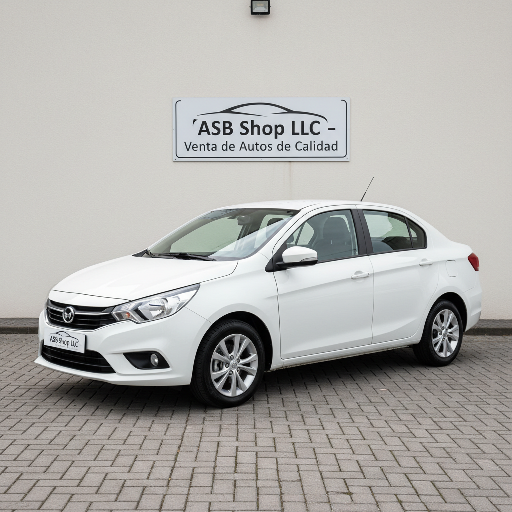 Un sedán compacto blanco de última generación, impecablemente limpio, estacionado en primer plano sobre un pavimento de adoquines grises frente a una pared lisa con un discreto letrero de “ASB Shop LLC – Venta de Autos de Calidad”. La luz es de mediodía, brillante pero suavemente difusa, resaltando los contornos aerodinámicos, los rines de aleación pulida y los detalles cromados del auto. El fondo está ligeramente desenfocado para centrar la atención en el vehículo, usando una profundidad de campo reducida. Composición en regla de tercios, estilo fotográfico realista y corporativo, transmitiendo seriedad, transparencia y buen estado de conservación del automóvil, sin mostrar ninguna figura humana.