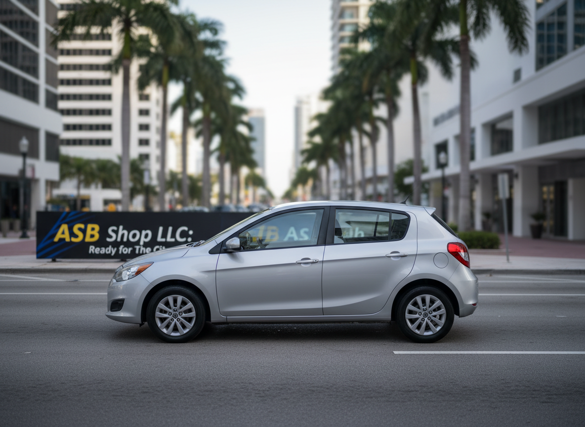 Un auto compacto gris plateado en impecable estado, estacionado en una calle amplia y limpia de Miami, con palmeras altas y edificios modernos de fondo, todos ligeramente desenfocados. El vehículo ocupa el centro del encuadre, mostrando claramente su lateral y parte frontal, con la luz de la mañana iluminando uniformemente la carrocería y creando destellos suaves sobre la pintura metálica. El asfalto oscuro contrasta con el brillo del auto, reforzando la idea de un vehículo confiable para uso diario. Composición fotográfica realista a nivel de calle, con sensación de espacio y movilidad urbana, transmitiendo la idea de que ASB Shop LLC ofrece autos listos para circular en la ciudad, sin ninguna persona en escena.